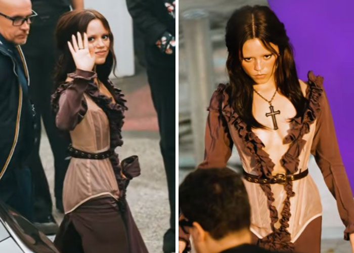 Jenna Ortega in edgy Wednesday outfit with ruffled details and cross necklace, sparking fans’ mixed reactions online. - 8