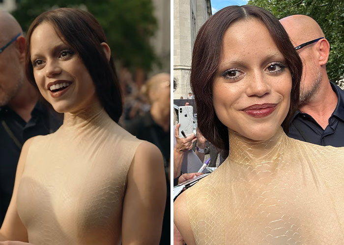 Jenna Ortega attending an event wearing a beige textured sleeveless dress, fans reacting to her Wednesday looks.