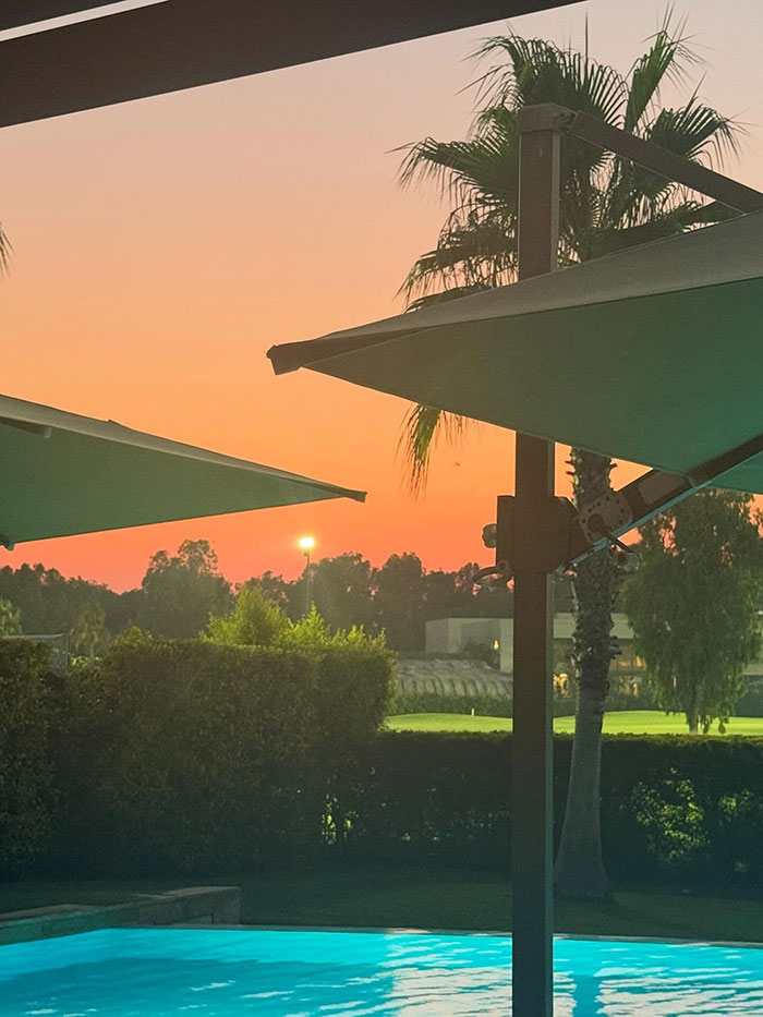 Sunset view over a backyard pool with palm trees, umbrellas, and lush greenery in a serene outdoor setting.
