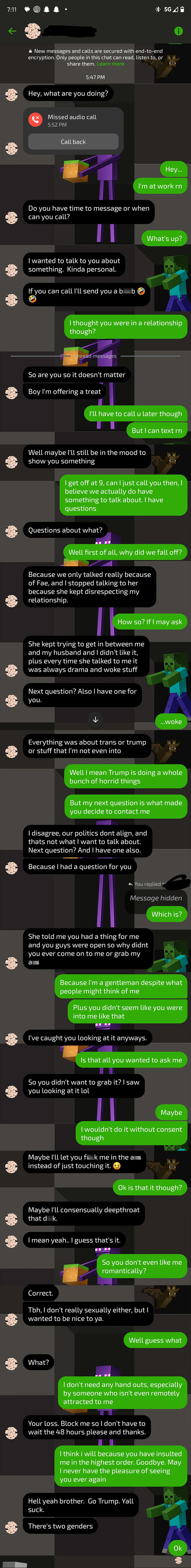 Chat conversation screenshot showing a tense exchange with delusional behavior accusations between two users with Minecraft-style avatars.