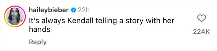 Hailey Bieber's Instagram comment about Kendall Jenner's storytelling hands sparks buzz on Justin Bieber dive bar pic.