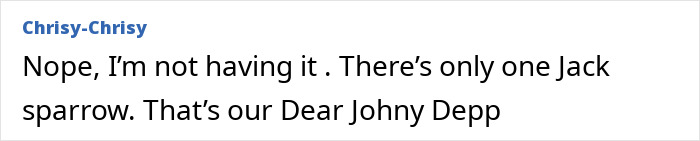 Comment text expressing refusal to accept AI turning Keanu Reeves into Jack Sparrow, defending Johnny Depp as the original.