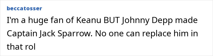 User comment about AI turning Keanu Reeves into Jack Sparrow, expressing Johnny Depp fans' dislike and defending Depp as Captain Jack Sparrow.