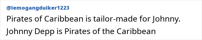 Comment text on a social media post expressing that Pirates of the Caribbean is perfectly suited for Johnny Depp fans.