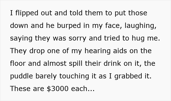Text excerpt describing a host upset after a neurodivergent friend&rsquo;s buddy grabs and damages expensive hearing aids.