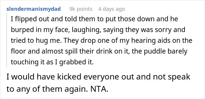 Screenshot of a Reddit comment discussing kicking out a friend&rsquo;s neurodivergent buddy after grabbing hearing aids.