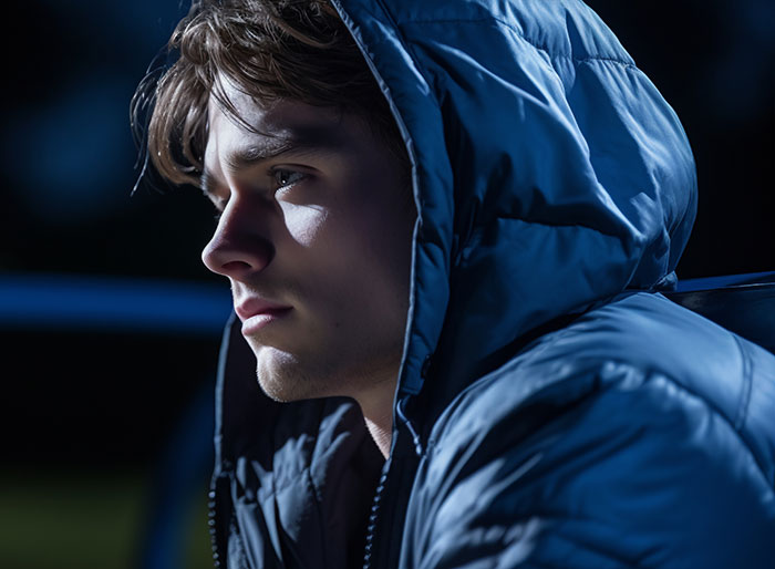 Young man in a hooded jacket looking thoughtful in the dark, symbolizing surviving a kidnapping experience.