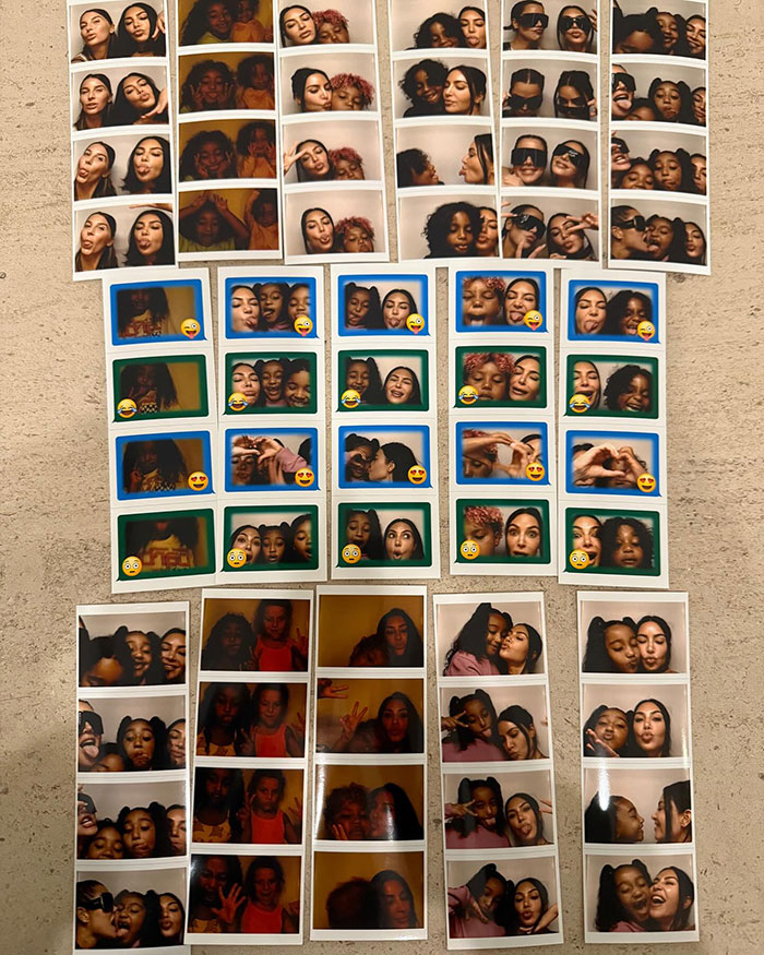Photo strips of various people making faces and posing with friends, highlighting Kim Kardashian and her daughter North West.