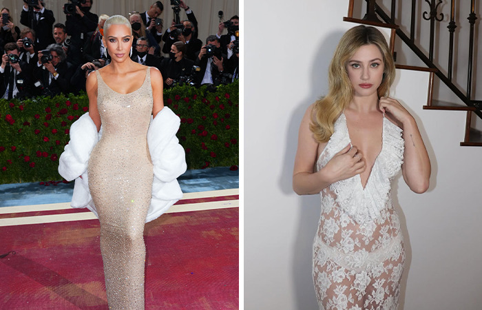 Kim Kardashian and Lili Reinhart in glamorous dresses at public events, showcasing celeb style and social media moments.