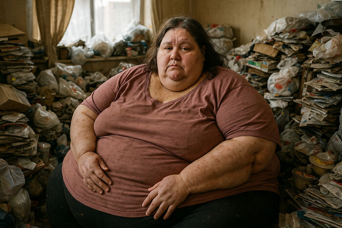 Middle-aged woman sitting in cluttered, messy home surrounded by piles of trash, illustrating creepy and disturbing police home stories.