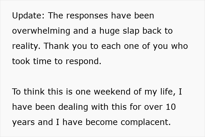 Text update about overwhelming responses and a wife leaving man-child husband during family vacation after years of dealing.