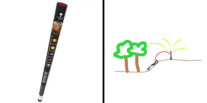 Firework rocket labeled Night Sky on a white background next to a childlike drawing of a person watching a firework launch near two trees. - 37