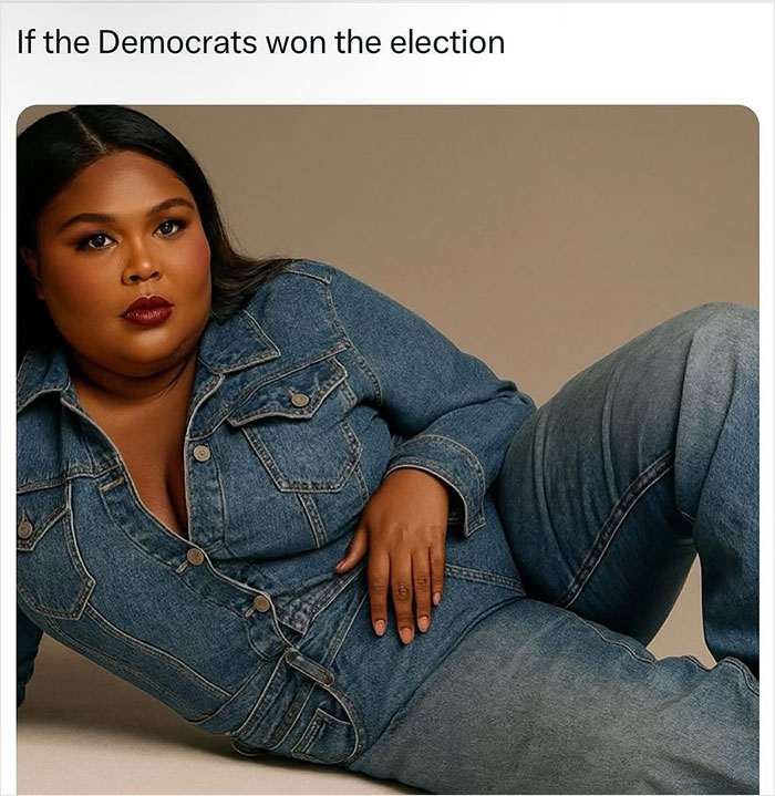 Lizzo in a denim outfit posing confidently, related to Lizzo Sydney Sweeney ad controversy parody. - 4