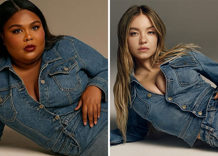 Lizzo and Sydney Sweeney in matching denim outfits, posing for a photoshoot related to ad controversy parody. - 10