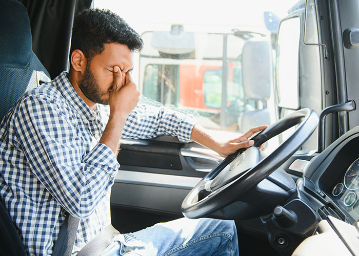 Truck driver sitting in the cab stressed and holding his face, reflecting on terrifying road encounters on the job.