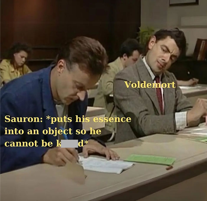 Scene from Mr. Bean exam meme, showing Sauron cheating off Voldemort, relating to Lord of the Rings memes.