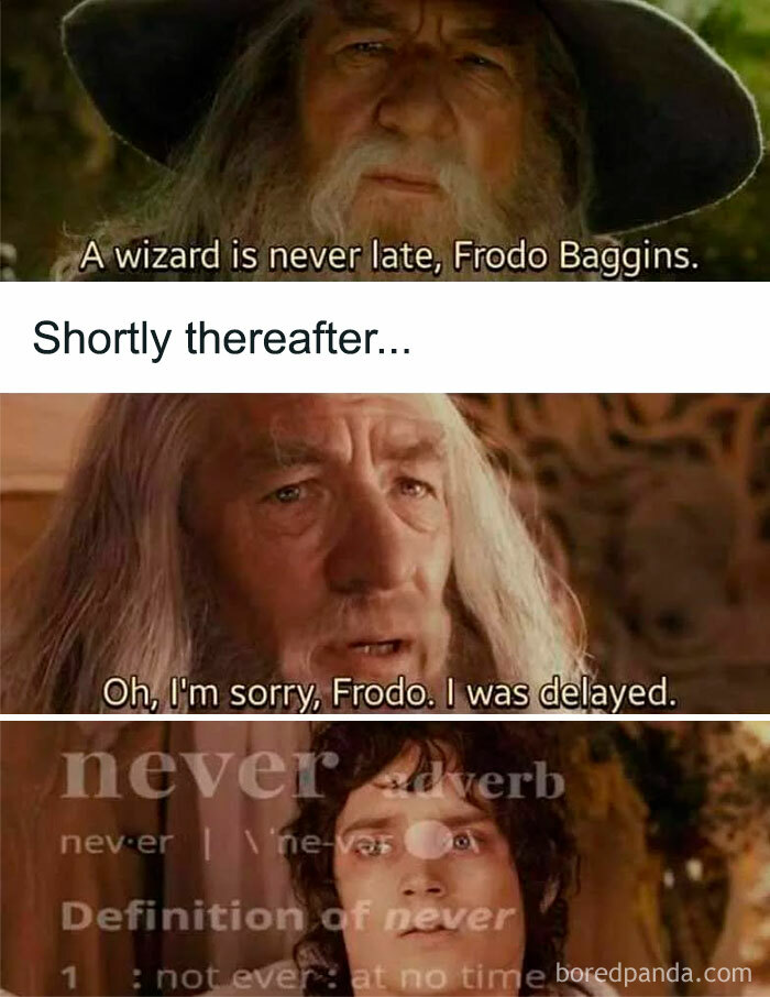 Meme featuring Lord of the Rings characters Gandalf and Frodo with a humorous delay conversation.