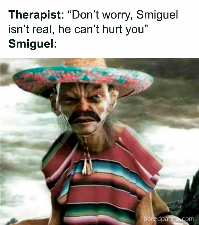 Smiguel character meme from Lord of the Rings wearing a colorful sombrero and poncho under a cloudy sky.