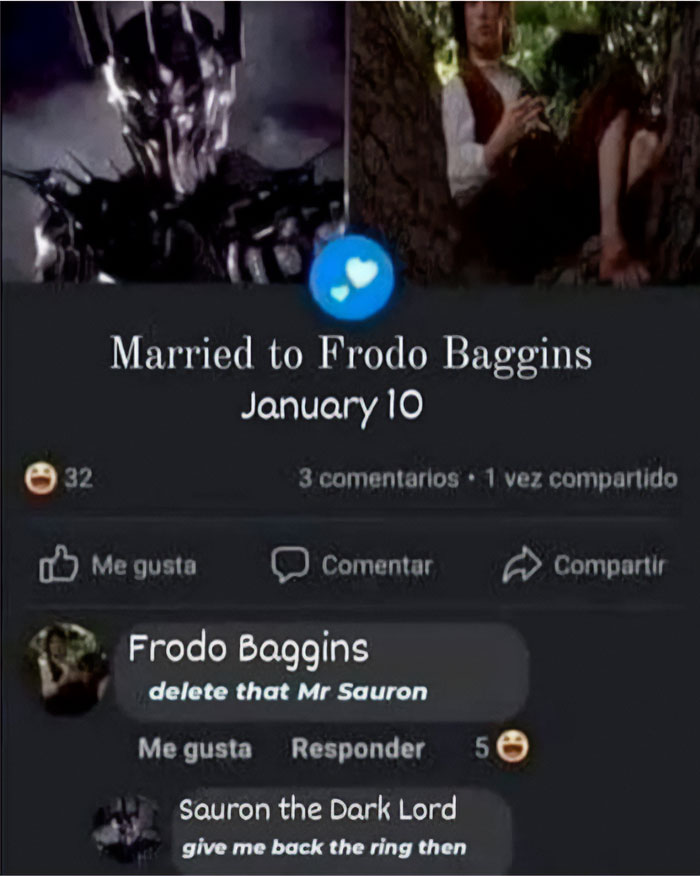 Funny Lord of the Rings meme showing social media comments between Frodo Baggins and Sauron the Dark Lord.