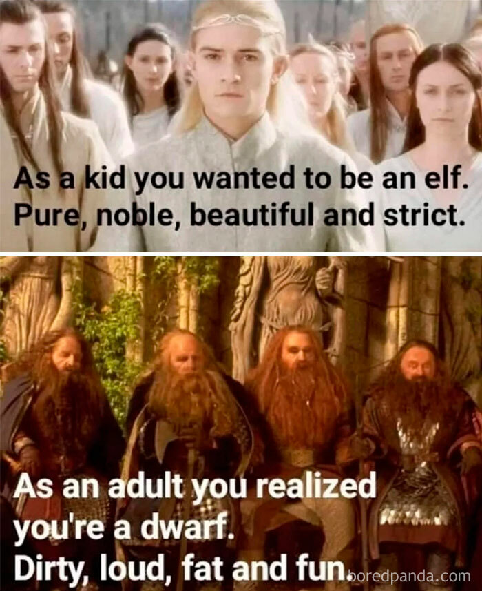 Two-part Lord of the Rings meme comparing childhood desire to be an elf versus adult realization of being a dwarf, humorous film reference.