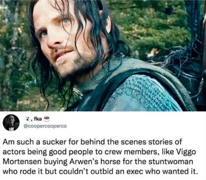 Scene from Lord of the Rings with text about Viggo Mortensen buying Arwen's horse for the stuntwoman to inspire fans