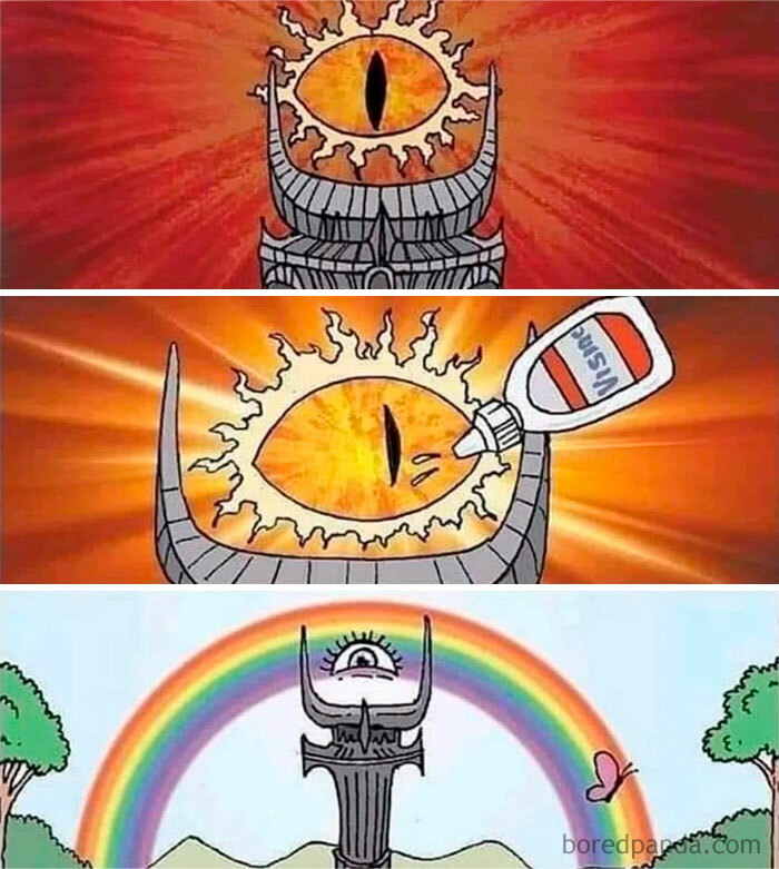 Humorous Lord of the Rings meme shows the Eye of Sauron transformed with eye drops into a cheerful character under a rainbow.