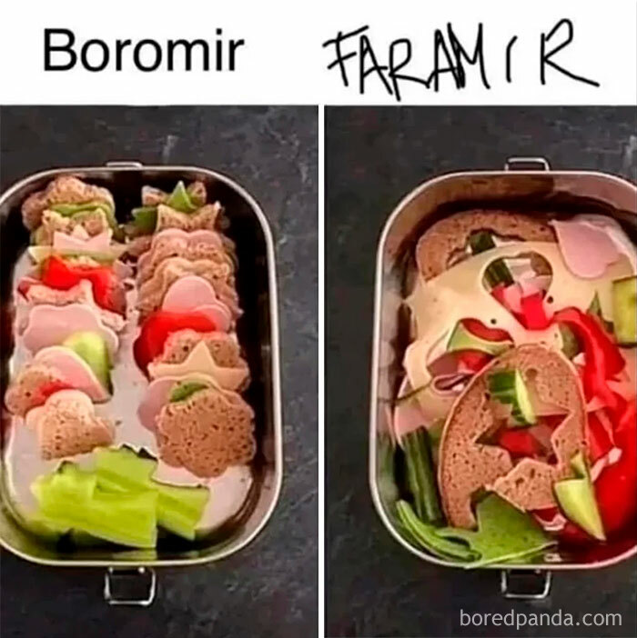 Lunchboxes with neatly arranged and messy sandwiches representing Boromir and Faramir in Lord of the Rings memes.