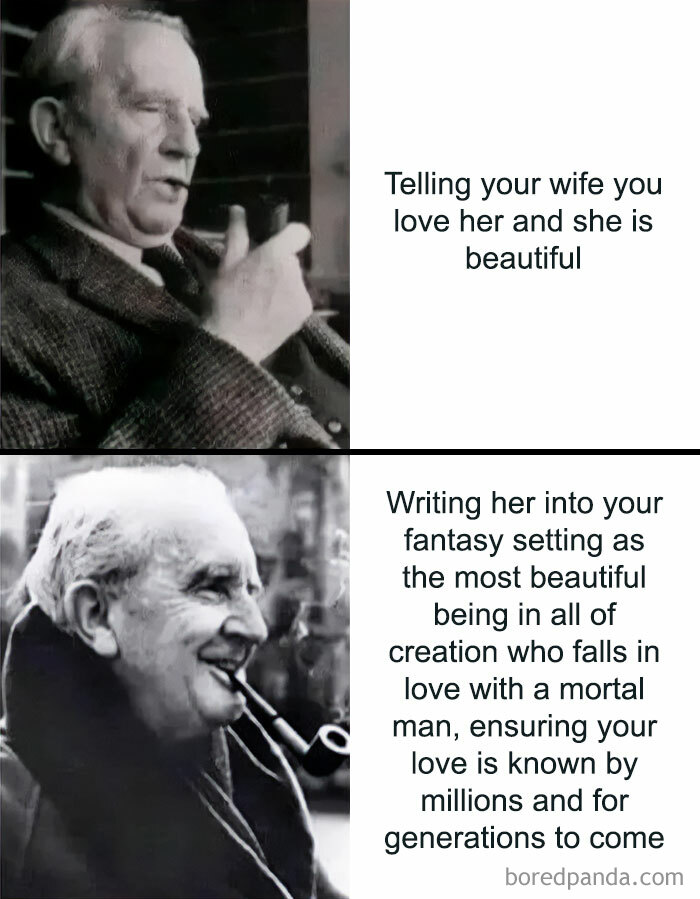 Vintage black and white photos of an elderly man with a pipe in a Lord of the Rings memes style.