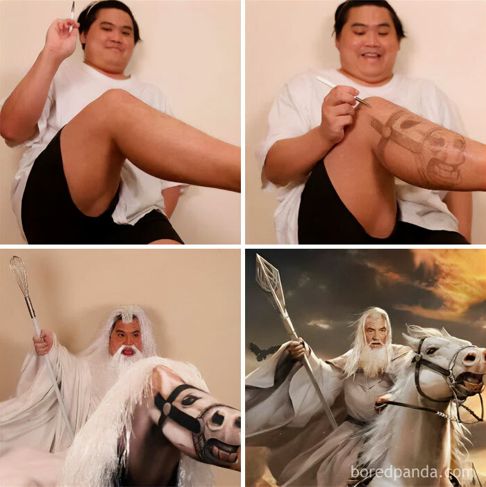 Man transforming into Gandalf cosplay with painted leg and costume, featuring hilarious Lord of the Rings memes inspiration.