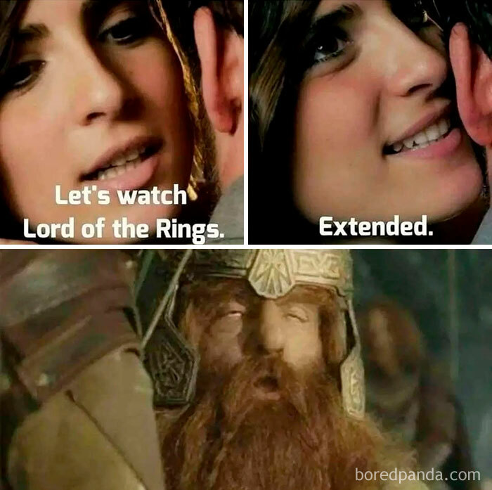 Couple suggesting to watch extended Lord of the Rings while a dwarf character looks overwhelmed in a humorous meme.