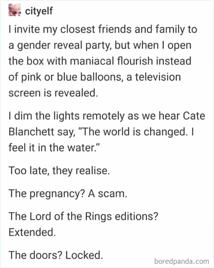 Text meme about a gender reveal party turned into a Lord of the Rings extended editions viewing event.
