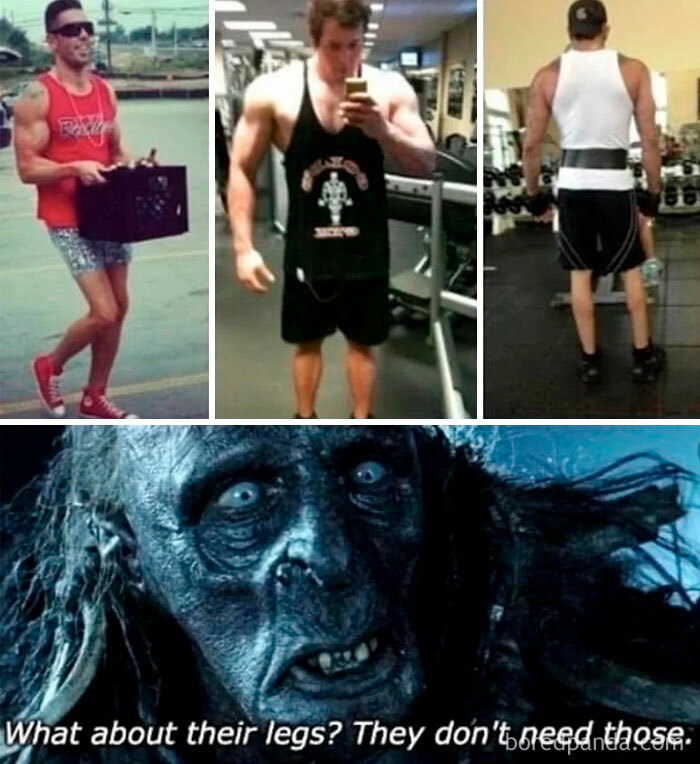 Three men showing muscular upper bodies with thin legs, paired with a Lord of the Rings meme about leg strength.