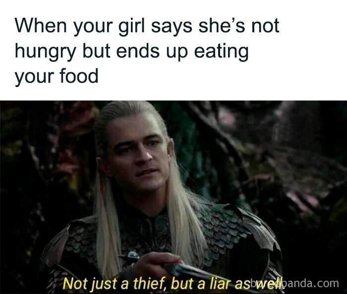 Scene from Lord of the Rings showing Legolas with text about food stealing, featured in hilarious Lord of the Rings memes.