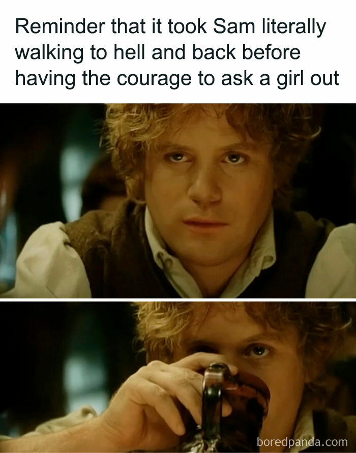 Sam from Lord of the Rings meme highlighting his bravery before asking a girl out, part of hilarious Lord of the Rings memes.