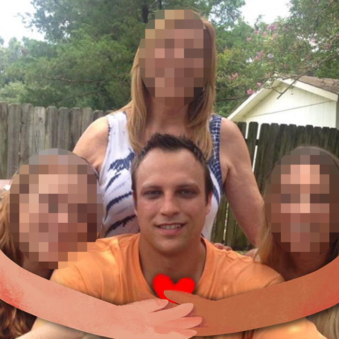 Man sitting outdoors with three blurred people behind him, colorful heart and arms graphic overlay representing support.