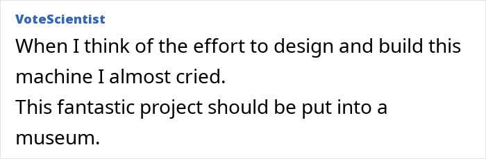 Comment praising the effort to build a fully functional 8-bit computer made entirely from K’Nex parts. Comment praising the effort to build a fully functional 8-bit computer made entirely from K’Nex parts.