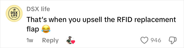 Comment on social media humorously mentioning RFID replacement flap after handyman installs new cat flap, with emoji and engagement icons.