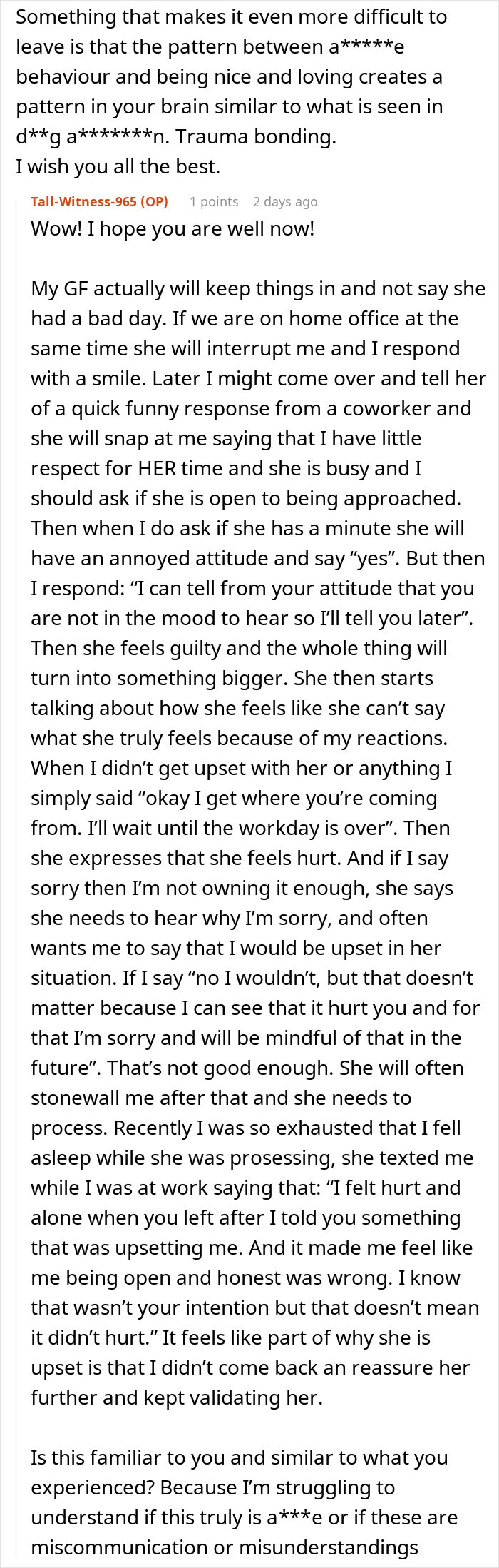 Text post describing relationship doubts and communication struggles between a man and his girlfriend on his birthday.