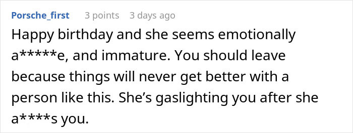 Screenshot of a forum comment discussing doubts about a man expecting special treatment from his girlfriend on his birthday.