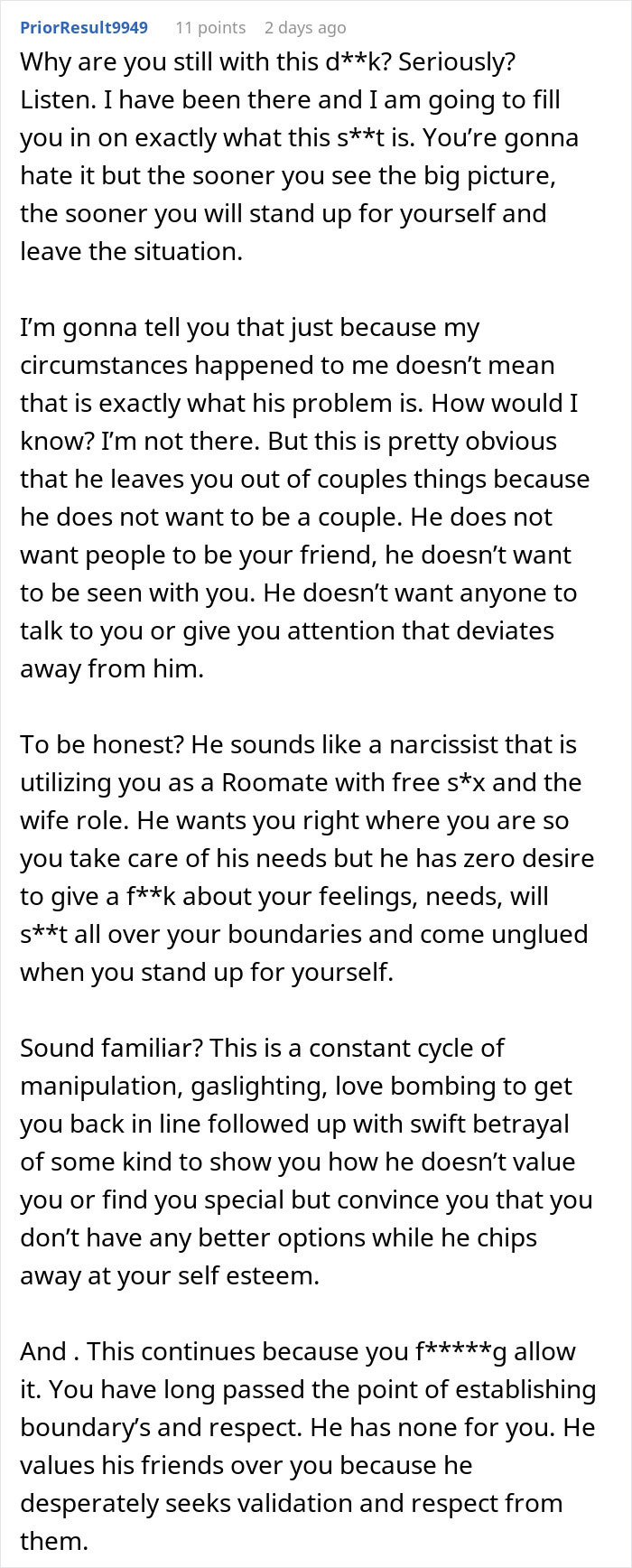 Screenshot of online comment discussing a woman&rsquo;s boyfriend not asking before excluding her from couples trip plans.