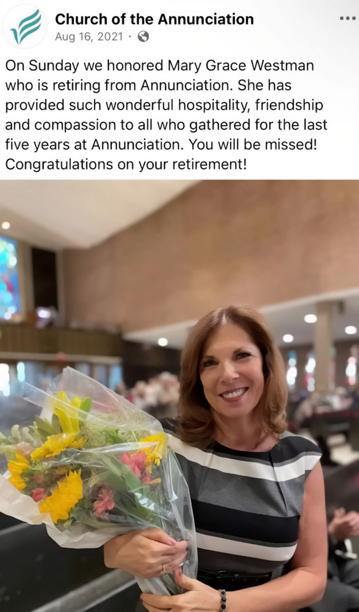Image of a woman smiling and holding flowers inside a church, unrelated to Minneapolis massacre culprit manifesto and photos.