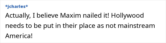 Comment by user jcharles expressing support for Maxim amid controversy over unattractive women list backlash. Comment by user jcharles expressing support for Maxim amid controversy over unattractive women list backlash.