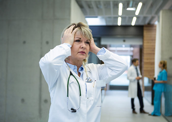 Stressed female doctor in white coat holding her head, symbolizing medical errors and patients paying the price in healthcare.
