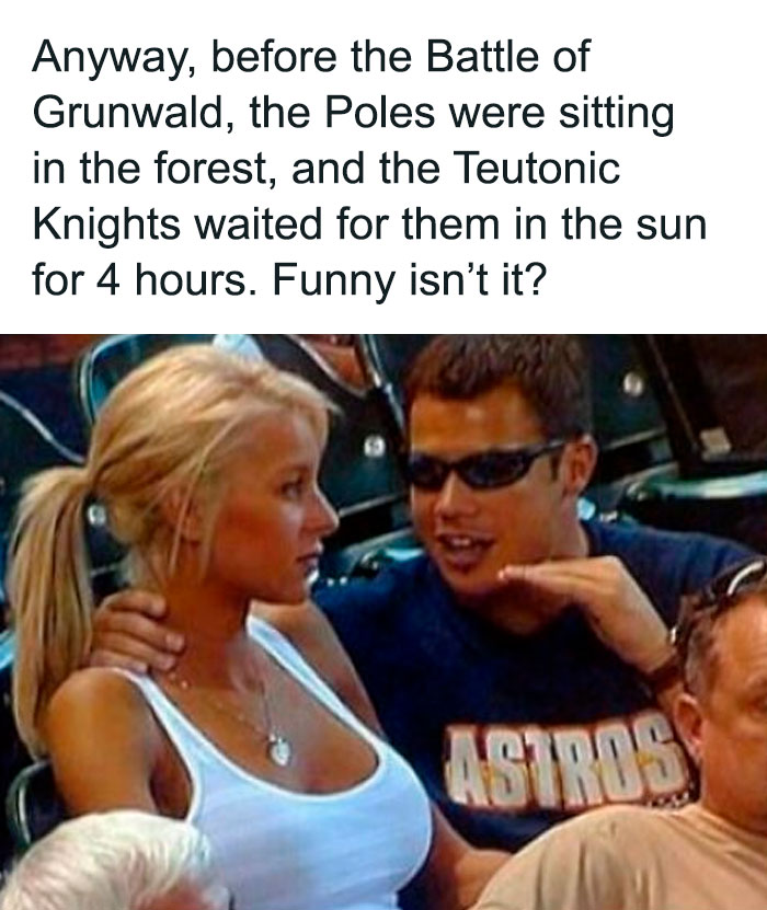 Man in sunglasses explaining Middle Ages history humor to woman in a white tank top at a sports event.