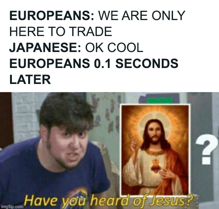 Man leaning forward with a serious expression next to an image of Jesus, illustrating funny memes about the Middle Ages.