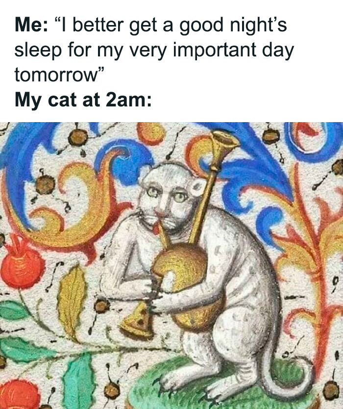 Medieval meme showing a cat-like creature playing bagpipes, humorously capturing middle ages life and chaos.