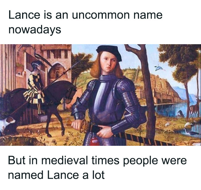 Medieval knight named Lance in armor next to a horse, humorously highlighting medieval names in Middle Ages memes.