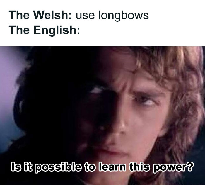 Scene from a meme showing a confused person with text about the Middle Ages and learning medieval longbow power.