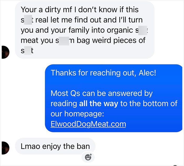 Screenshot of violent threats sent to dog meat farm owner after viral attention, showing hostile messages and responses. - 4