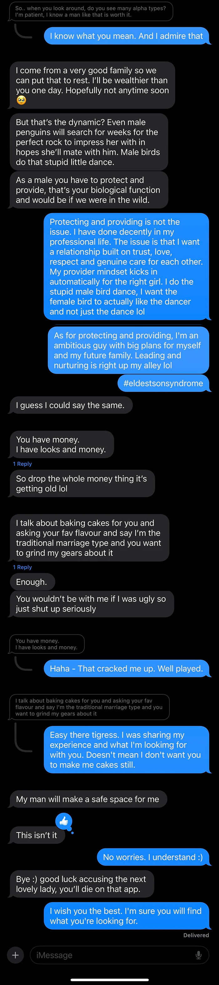 Text message exchange showing a heated debate exemplifying delusional behavior among women in dating conversations.